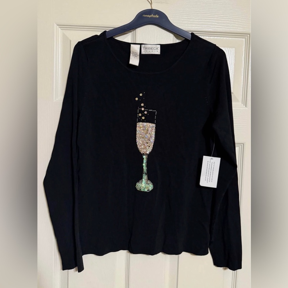 NWT! Black Long Sleeve Top with Sequin Champagne Glass